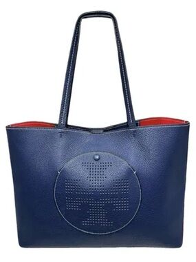 Tory Burch Electric Blue Perforated Logo Leather Tote with Red Interior